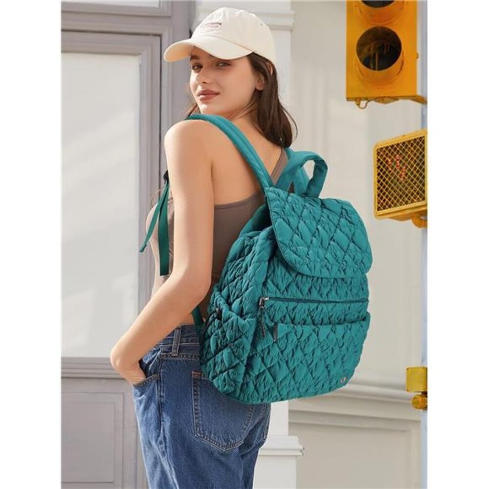 Puffy Quilted Backpack for Women, Teal blue - Picture 2 of 7